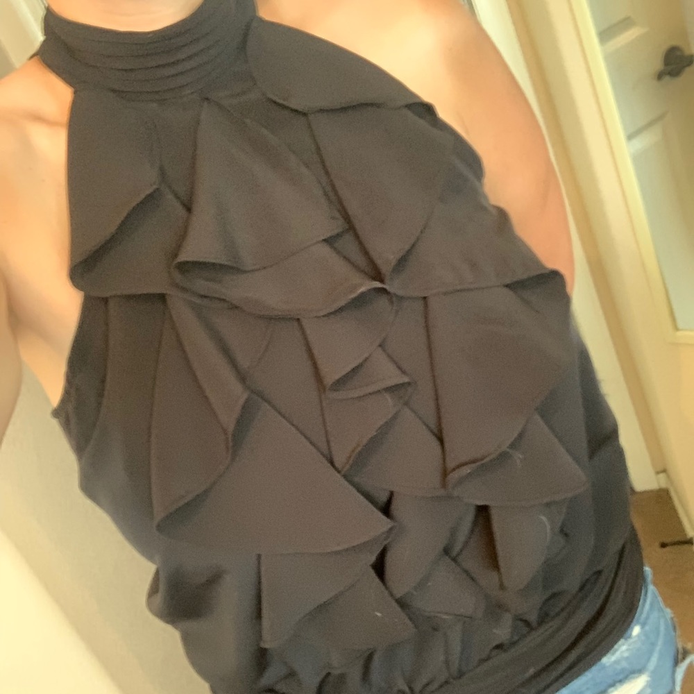 Black high neck ruffled shirt